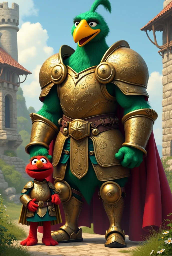 Abelardo the big green bird and Lola Sesame Street characters in medieval armor