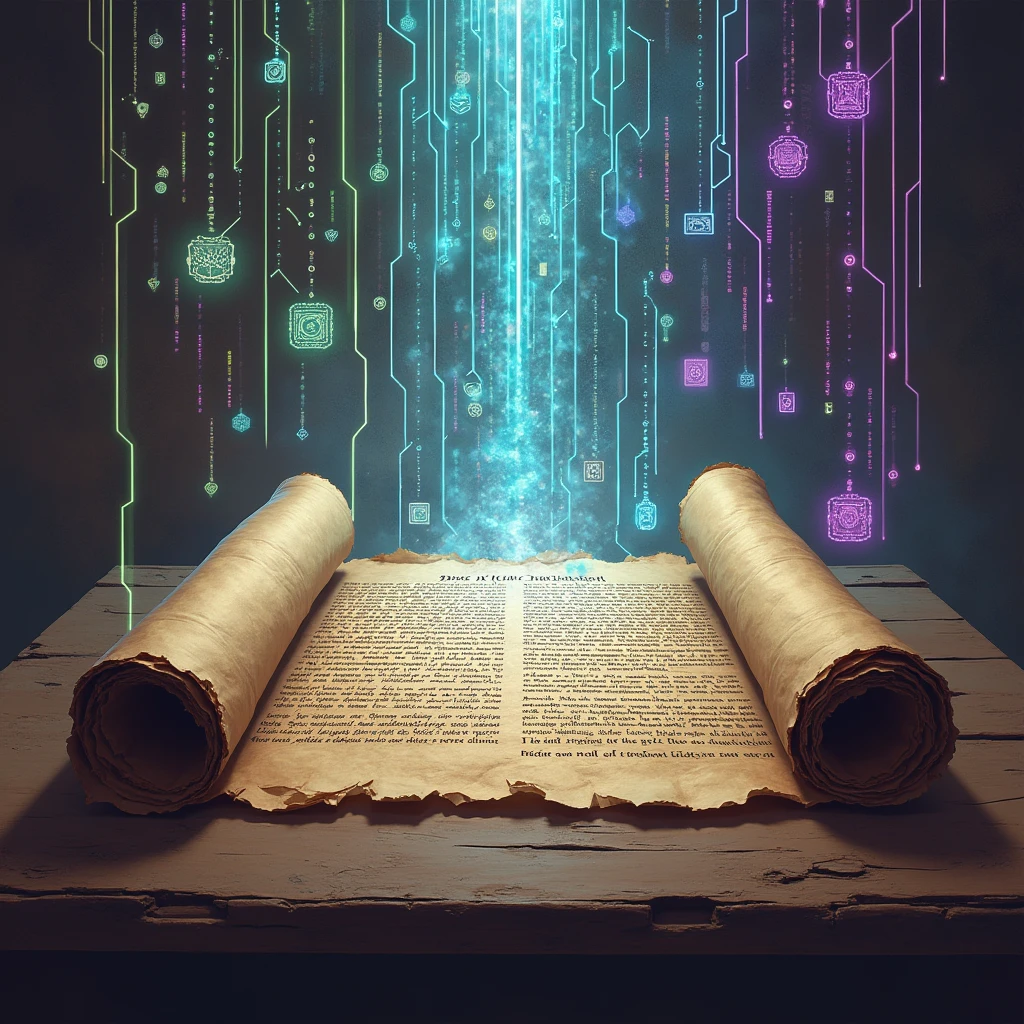 Context: A richly detailed scene featuring a stylized interpretation of the Magna Carta's signature.
Scrolls: Draw ancient parchment scrolls, torn at the edges, with Latin inscriptions reminiscent of the Magna Carta. Place these scrolls centrally or in the background to establish the historical context.
Transformation: Show the scrolls gradually transforming into luminous data streams. This transition should be fluid, illustrating the shift from ancient paper to vibrant, digital patterns.
Data Streams: Use bright, modern colors for the data streams—electric blues, neon greens, and shades of purple—moving like lines of code or neural networks. The data should emanate from the scrolls and extend outward.
Digital Elements: Incorporate modern graphic elements such as electronic chips, network symbols, or blockchain motifs to reinforce the idea of transitioning into the digital age.
Mood and Colors: Use a contrast ween the sepia or brown tones of the scrolls and the bright, futuristic colors of the data streams to symbolize the passage of time.
Signature: Include a stylized signature that could be a modern version of the original, seamlessly integrated into the composition to convey authenticity and continuity.
This concept aims to capture the historical essence while illustrating the evolution into the digital era, providing an artistic vision of the advancement of human rights. A work of art, madith paint