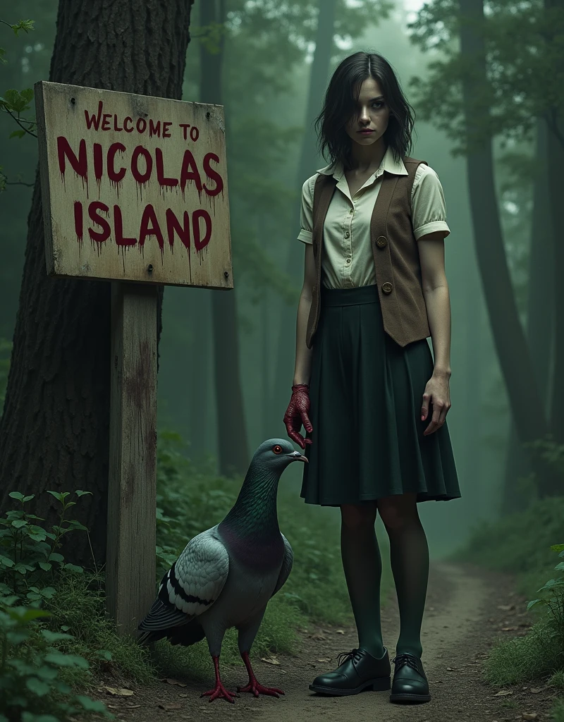((Highest quality)), ((masterpiece)), (horror movie posters:1.5), (short-sleeved shirt), グレーの女性のハトがオフホワイトで襟付きのshort-sleeved shirtに薄茶色のベストを着てひざ丈の黒いスカートに濃い緑の靴下と黒の靴を履いている, A bloody female pigeon and a bloody Jason are guiding each other around each other with their arms around each other, Muscular grey female pigeon、Photorealistic images, (An old wooden sign nailed to the wall、In bold, dripping red letters"Welcome to Nicolas Island"it is written like this), (in the forest),