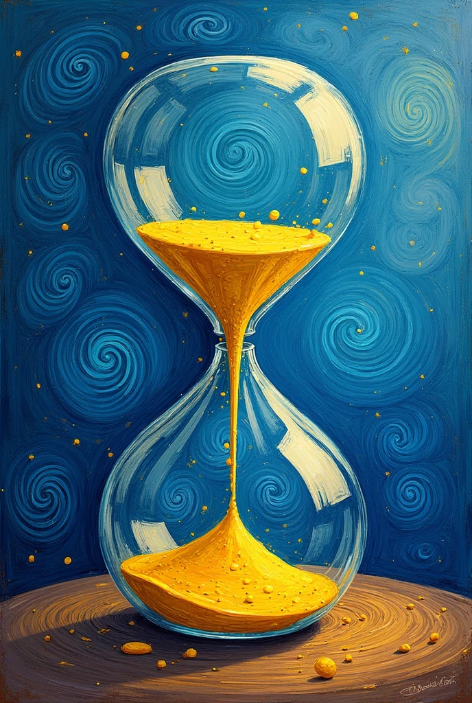 Drawing an hourglass in the style of van gogh with spirals in the yellow and blue colored sand 