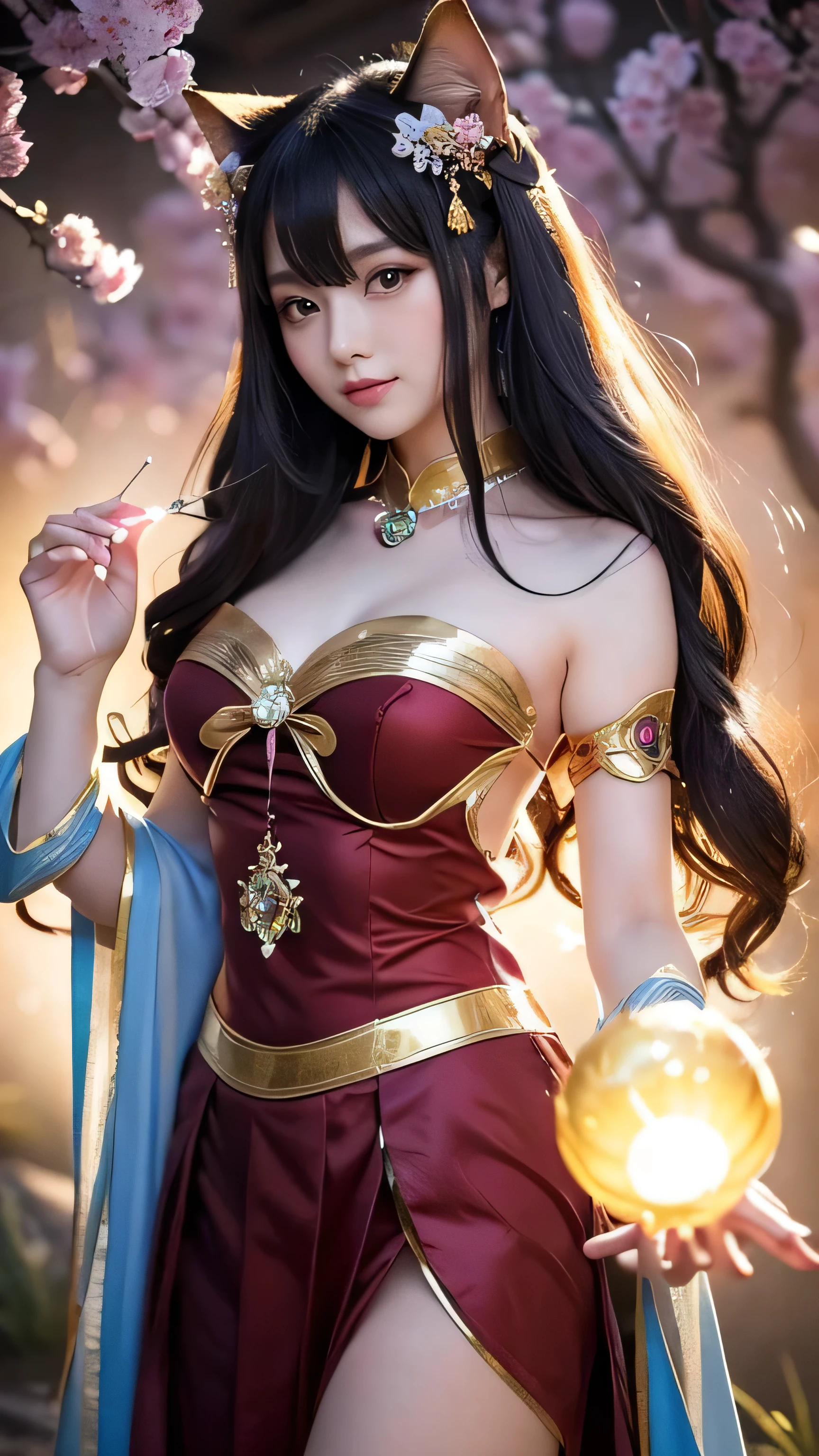 **Prompt:** Create an ultra-realistic 8K resolution image of a Bakeneko, the shape-shifting cat spirit from Japanese folklore, reimagined as the ultimate magical girl while fully retaining its iconic features. The Bakeneko is depicted as a mesmerizing figure, blending her feline traits with the enchanting elements of a magical girl. She has long, flowing black hair that shimmers with a subtle, mystical glow, cascading down her back in soft waves. Her large, almond-shaped eyes shine with an intense amber light, their slitted pupils adding an air of mystery and magic.
Her cat ears, twitching slightly atop her head, are adorned with small, sparkling accessories that match her outfit. A confident, yet playful smile graces her face, with a slight blush on her cheeks, emphasizing her charm and allure. She is dressed in a beautifully designed magical girl outfit that combines traditional Japanese motifs with vibrant, mystical colors. The outfit features a short, layered skirt with flowing, ethereal fabric that seems to move with a life of its own, and a fitted bodice adorned with intricate patterns of silver and gold.
Her hands, delicate yet powerful, end in sharp, retractable claws that add a touch of danger to her otherwise sweet appearance. A long, sleek cat tail, tipped with a small, glowing charm, curls gracefully behind her. She wields a magical staff topped with a crescent moon, surrounded by floating, glowing orbs that pulse with magical energy.
The background is a dreamlike, moonlit landscape filled with shimmering stars and floating cherry blossoms, creating an atmosphere of both wonder and mystery. The Bakeneko stands as the ultimate magical girl, perfectly blending her mystical heritage with the enchanting power and elegance of a magical heroine.