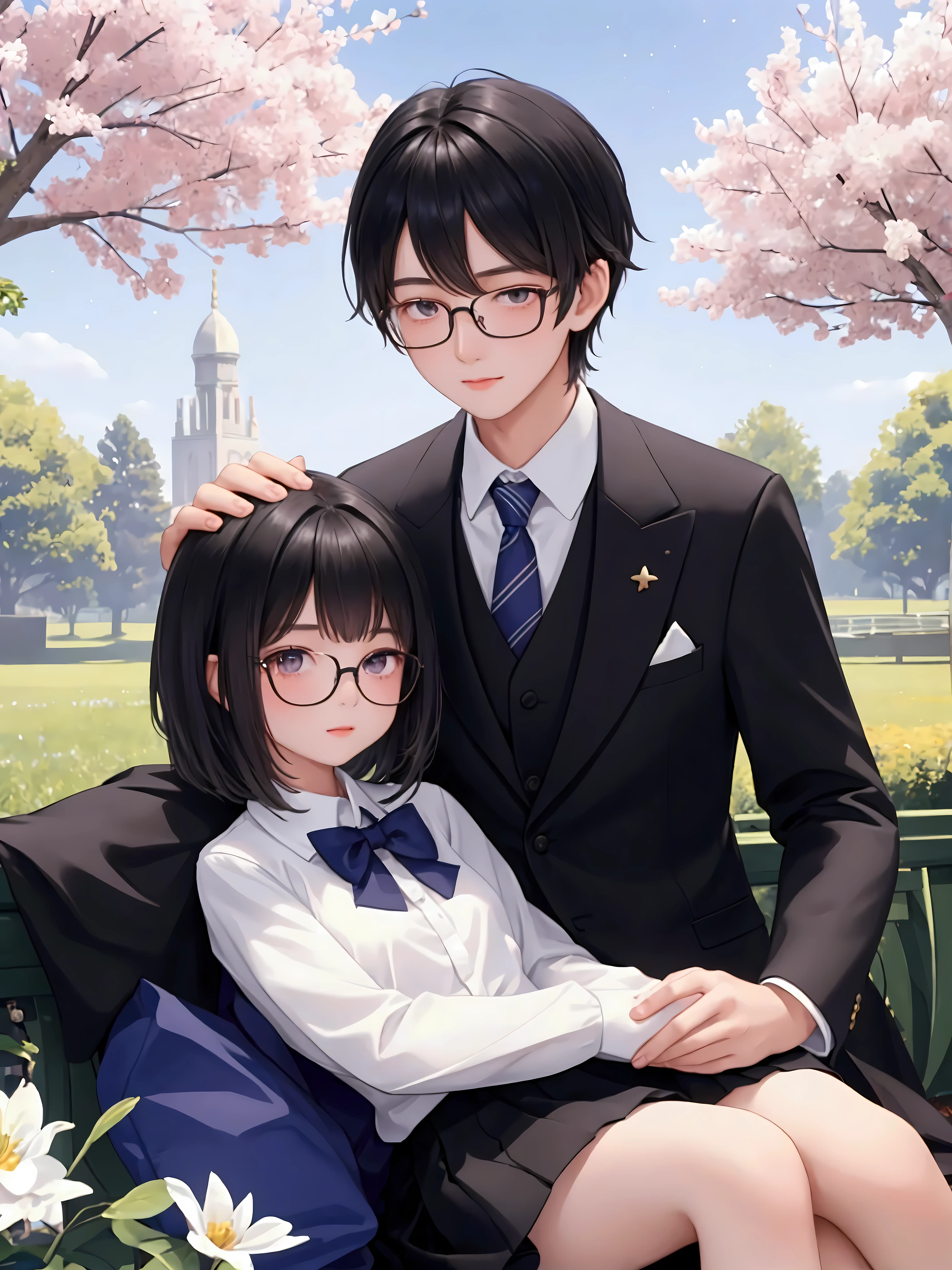 Cute young girl with short black hair Wear a white-black school uniform. Sitting with a handsome young man wearing glasses and a cool suit. The two are in a beautiful park in a fantasy world. The young girl sat with her head warmly nestled in the young man's chest. The surrounding scenery was filled with gently glowing trees and flowers. The sky was a pale purple and hazy with twinkling stars. The entire atmosphere was romantic and dreamy.