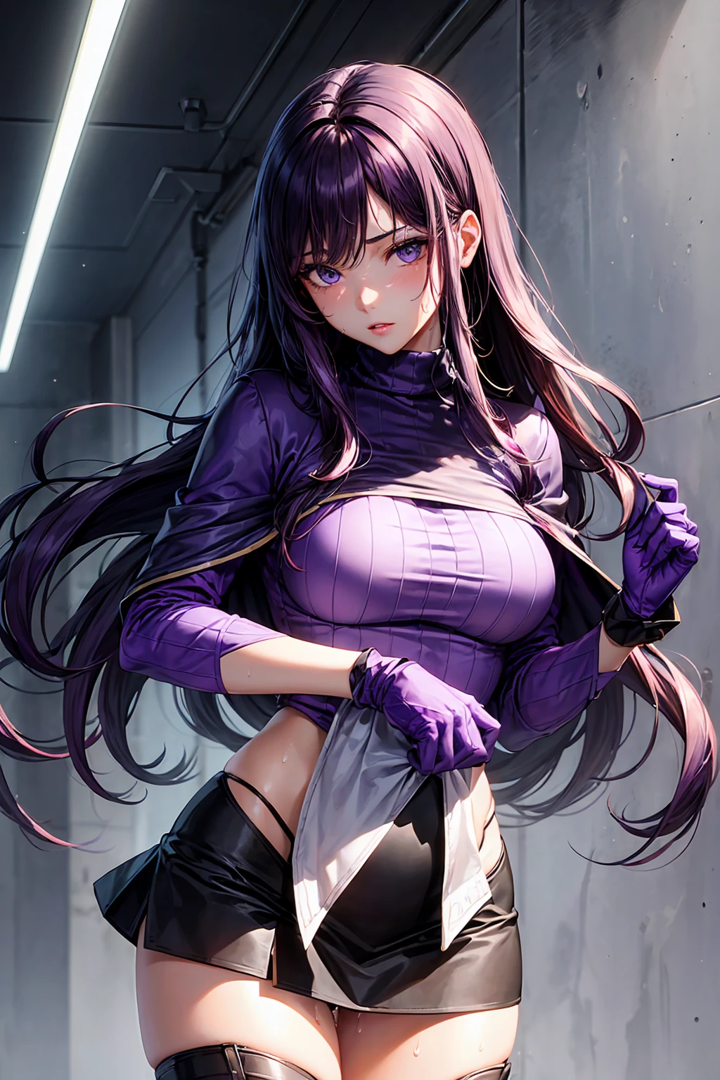 masterpiece, Highest quality,  (Unreal Engine),  Super Resolution,  Very detailed, Complex, colorful, Clear images, Sharp focus, Digital Blending, 

1 person, Expressionless girl, malaria, Quiz Magic Academy, ((Purple long hair:1.8)), Blue eyes, length, ((Narrow eyes)),  (muscular:0.8), Big Breasts, bold, Lips parted,  Observe the audience, Butt, Tight waist, ((Purple Dress)), ((Black Linen Skirt)), (Black Short Cape), (((Pink turtleneck net suit))), ((Pink long gloves)), Black long boots, Perfect Eyes, Perfect Face, Ultra detailed hair, Ultra detailed face, Very detailed lips, Vivid expression, Healthy Body, Beautifully detailed sweat glands, Smooth skin texture, Carefully drawn,

((humidity:1.2), Sticky with sweat), Casting magic, The magic begins, 

In the world of Quiz Magic Academy, Magic Class, night, (Shot on Sony α9, Dynamic Angle),
