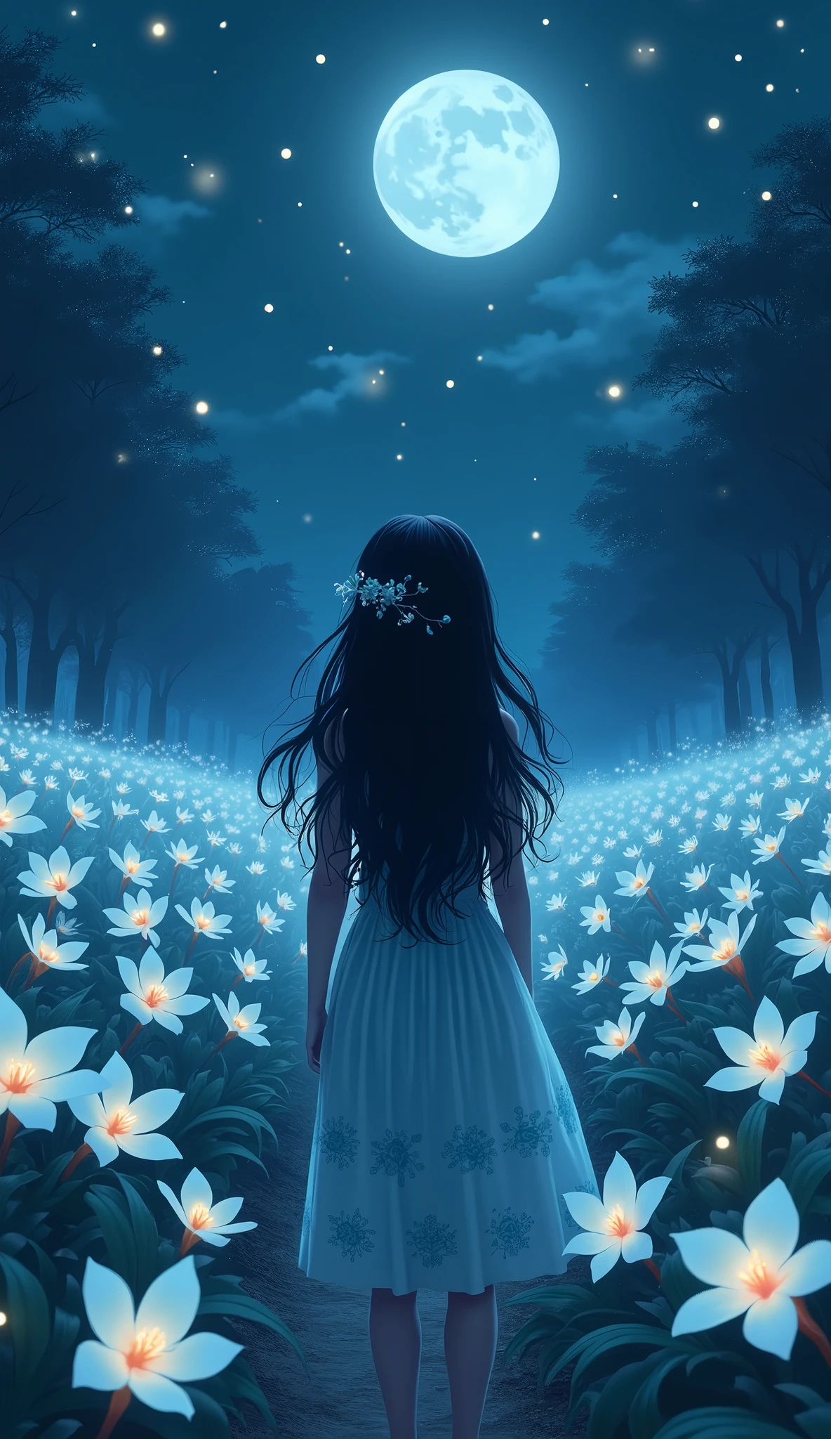 only one girl, long black wavy hair, blue eyes, standing far away, looking up, wearing a blue green dress with plumeria flowers printed, night time, fireflies, plantation of white plumeria flower, Sparkle, Silhouette, Accurate, Masterpiece, High Resolution,Hair Ornament, POV,myth, Bloom, Hair Ornament, Hair Flower, 