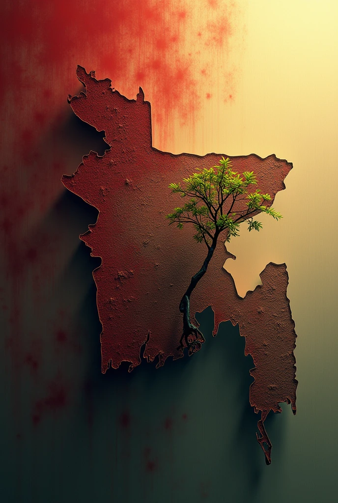 From the left side, the bloody map of Bangladesh is covered with blood on a tree sapling, and on the right, sunlight is falling on the sapling.