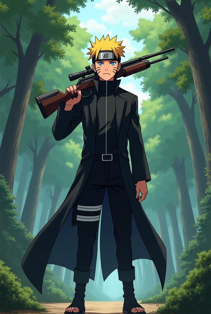 Naruto uzumaki in black suit
And holding powerfull gun on shoulder in the middle of the forest in animeted