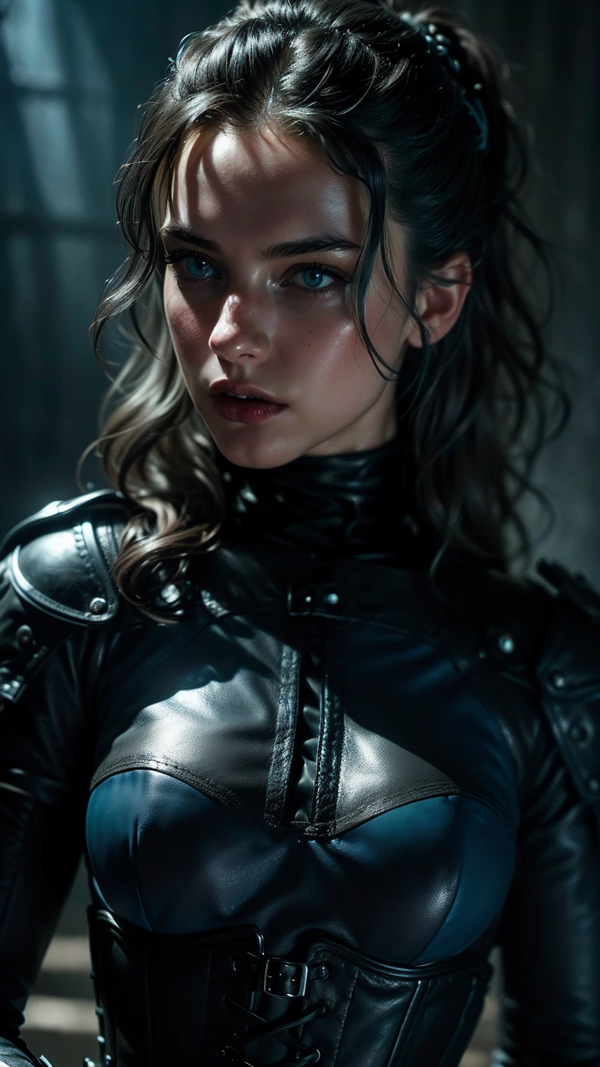 (((ultra realistic))) Photo, masterpiece, top quality, (pale skin), (Ultra detailed face and eyes:1.2), Bright eyes, 1 girl, (blue leather corset), gloomy atmosphere, fantasy background, (Eye makeup, mascara) , ((Dark wavy hair)) , ((Stylish hairstyle)) , (Natural breasts), (A slight smile), ((Posing)), photoshoot, studio (Contour lighting), (The play of light and shadows), depth of field, bokeh, (special attention to skin detail: 1.2), Detailed leather texture, skin pores, (( gloomy atmosphere . color scheme - black, Gray, Ashen, blue tones)), ((Film grain)), ((rays)) , ((full body portrait, close to the camera)) , ultra detailed,