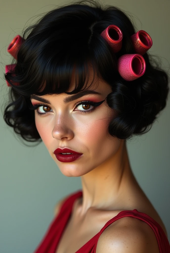 Woman with short hair curlers , brunette and raven style