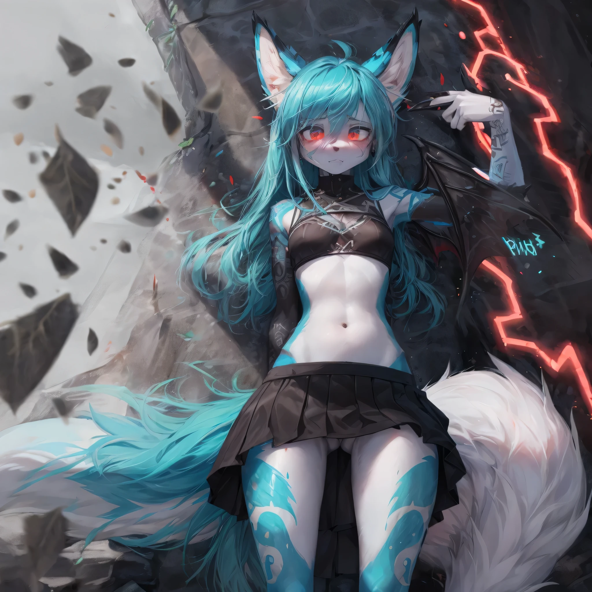 Aqua vixen,fox face elongated snout add high definition_detail:1, blue fur,kitsune ears, tribal tattoo add_detail:1, in hell add_detail, barefoot, The same, giant black feather wings add_detail:1 ,Beautiful wings, the best quality and detail in the feathers, blue saturation light, ( black navel top, black navel mini skirt)), crazy face, suicide sign, sad face, crying, brain explotion, head explotion, deep crying, face of pain and suffering, Blood gushes from the head explosion, he is committing suicide, long hair, cae muerta por un disparo en ka cabeza.