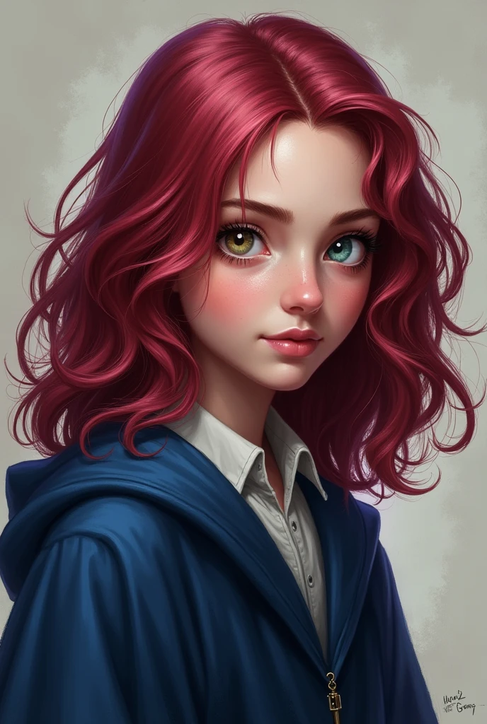 Create a character for a Harry Potter RPG that I participate in with the following characteristics: Hermione Granger-inspired with medium-length dark magenta red hair; with eyes that vary between green, gray and light brown; fair skin and blue Ravenclaw witch robes.