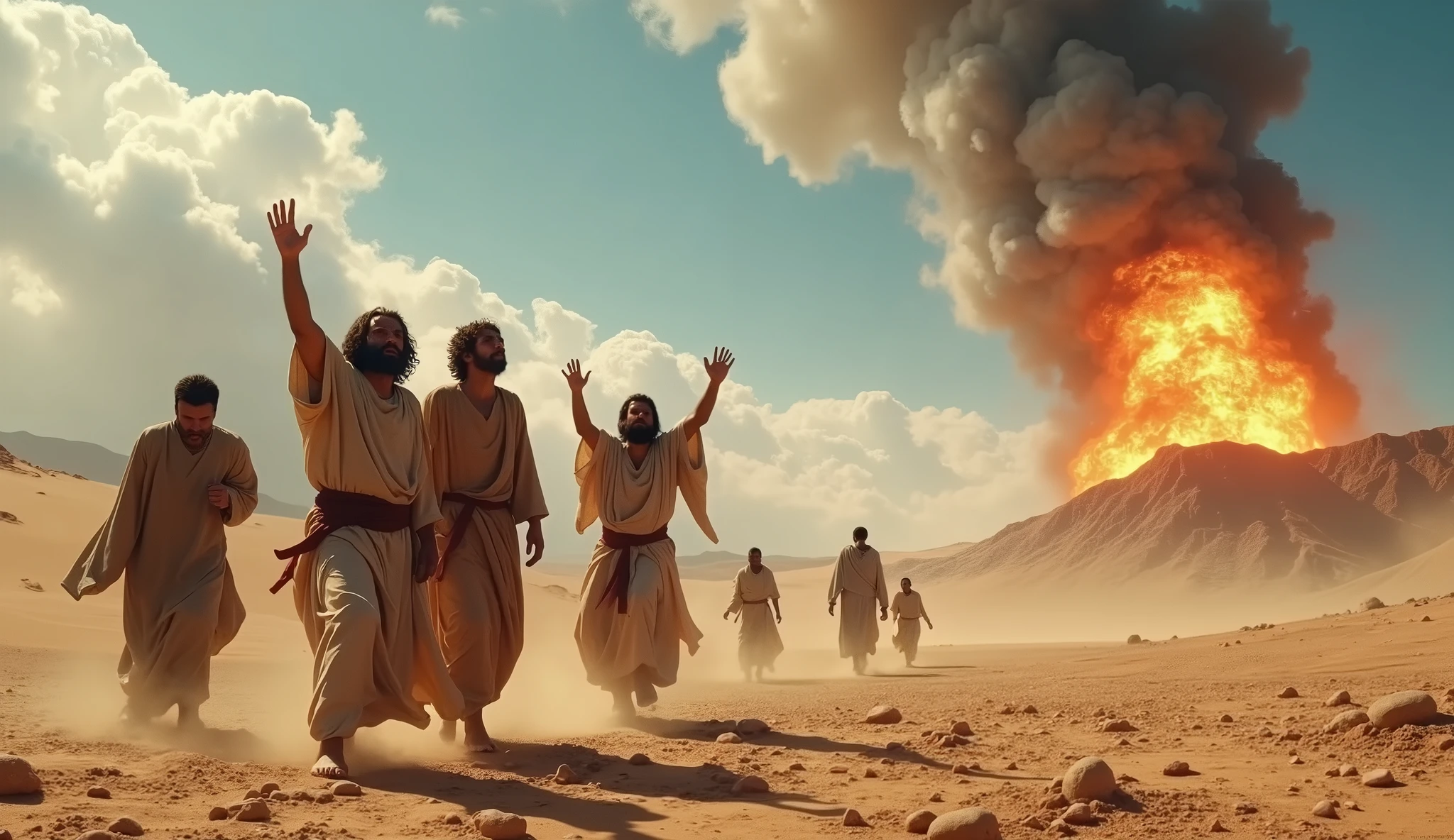 A realistic image in 16:9 depicting the story of the sons of Korah as described in Numbers 16. The scene should capture the dramatic moment after the earth opens up and swallows Korah, Dathan, Abiram, their families, and all their possessions, while the sons of Korah are spared, amidst the dust and chaos. In the background, a vast, arid desert under a blue sky, with clouds of smoke. In the foreground, three young men with expressions of fear mixed with relief, dressed in biblical-era attire, watching the scene with their arms raised in supplication. Around them, other Israelites with panicked expressions, fleeing the scene, while the heavenly fire is still visible in the distance, diminishing God's justice. The meager stones and sand complete the scene, providing a dramatic and epic atmosphere." This prompt should capture the essence of the story and highlight the importance of the moment when the sons of Korah are spared by God, in a setting that conveys the intensity of God's justice and mercy.