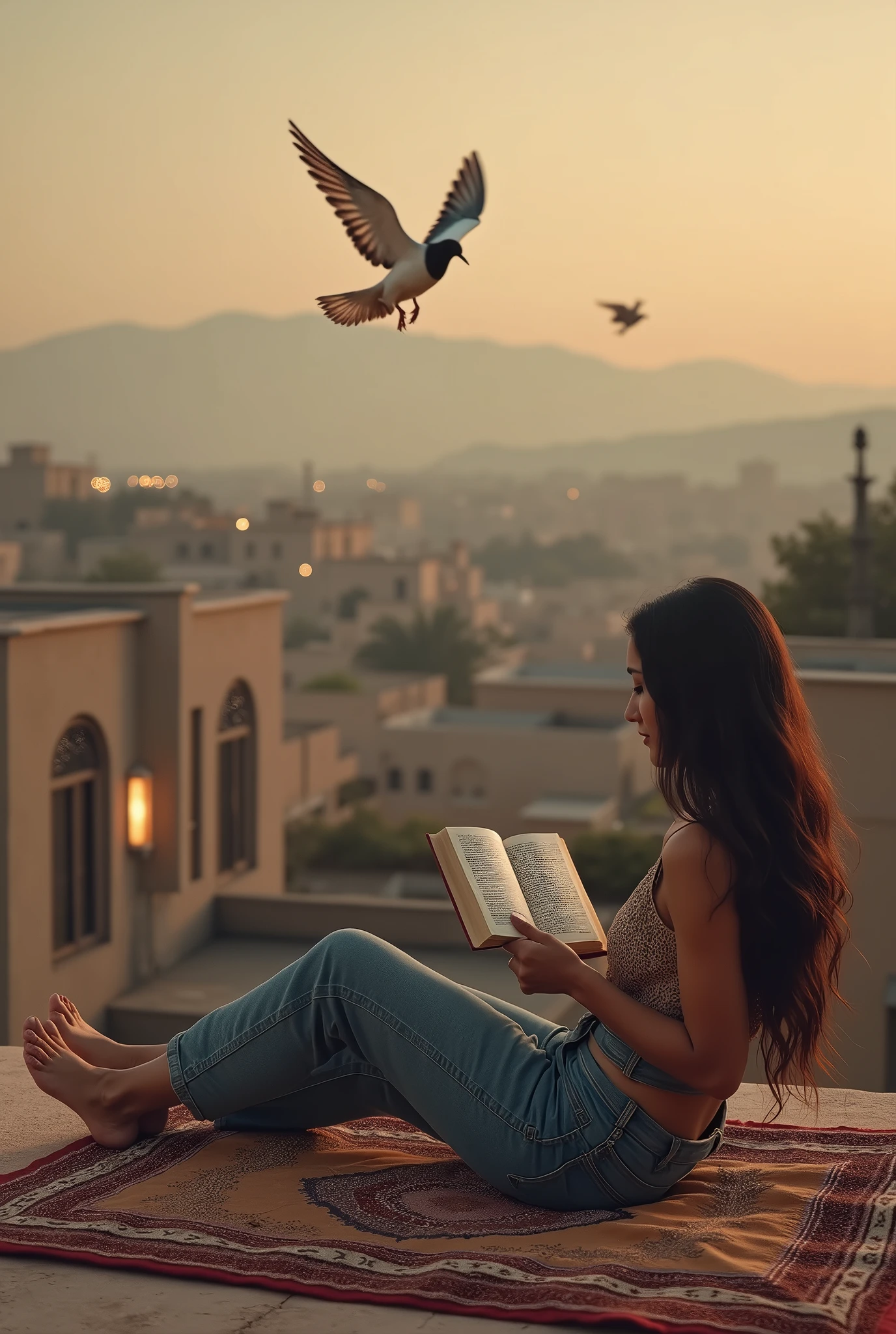 Une photo d'une jeune femme arabe de 24 ans aux cheveux de noir avec son chien, une photo réaliste et très précise plus juste. Elle lit un livre sur le toit de la maison, allongée sur un tapis marocain, vêtue d'un jean, et pieds nus. Il y a des maisons, des montagne au loin, des fenêtres éclairées, des couchers de soleil et de la brume dans le ciel, comme un tableau de Léonard de Vinci, en 4K, 8K. La scène est proche et devant la jeune fille, près des pieds il y a des colombes dans le ciel et au dessus. mur de la maison.