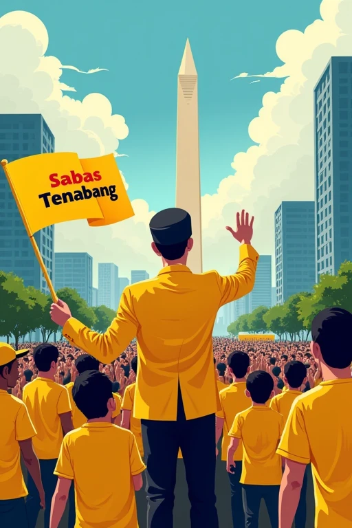Illustration of the Jakarta Governor's political campaign featuring a dynamic and modern city setting. The scene features a charismatic and confident male candidate wearing a yellow suit and black cap., wearing a professional suit, standing on stage and speaking in front of many supporters wearing yellow t-shirts with black text on them "SABAS TENABANG",The crowd consisted of people of various ages and ethnicities., holding a yellow flag with the words "SABAS TENABANG". see clearly, The candidate's expression showed determination and hope., with the backdrop of Jakarta's iconic landmarks such as the National Monument (monas) and skyscrapers. The overall atmosphere is energetic and inspiring., symbolizes progress and unity."