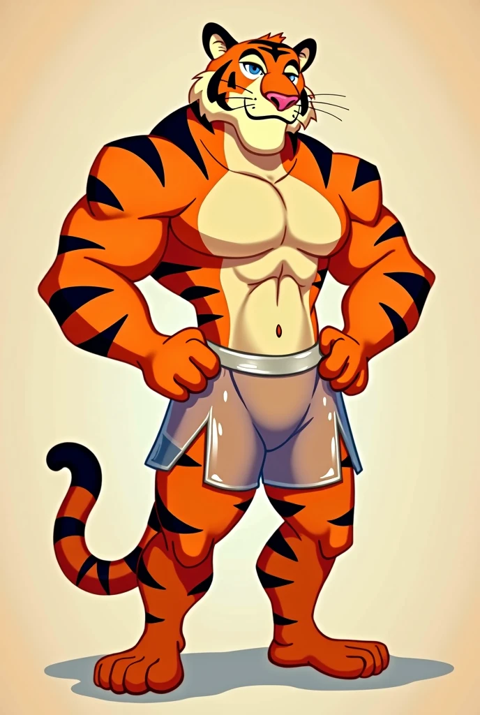 Disney style male tiger wearing transparent shiny high rise shorts with slits down hipsflat colored simple lines no gradient