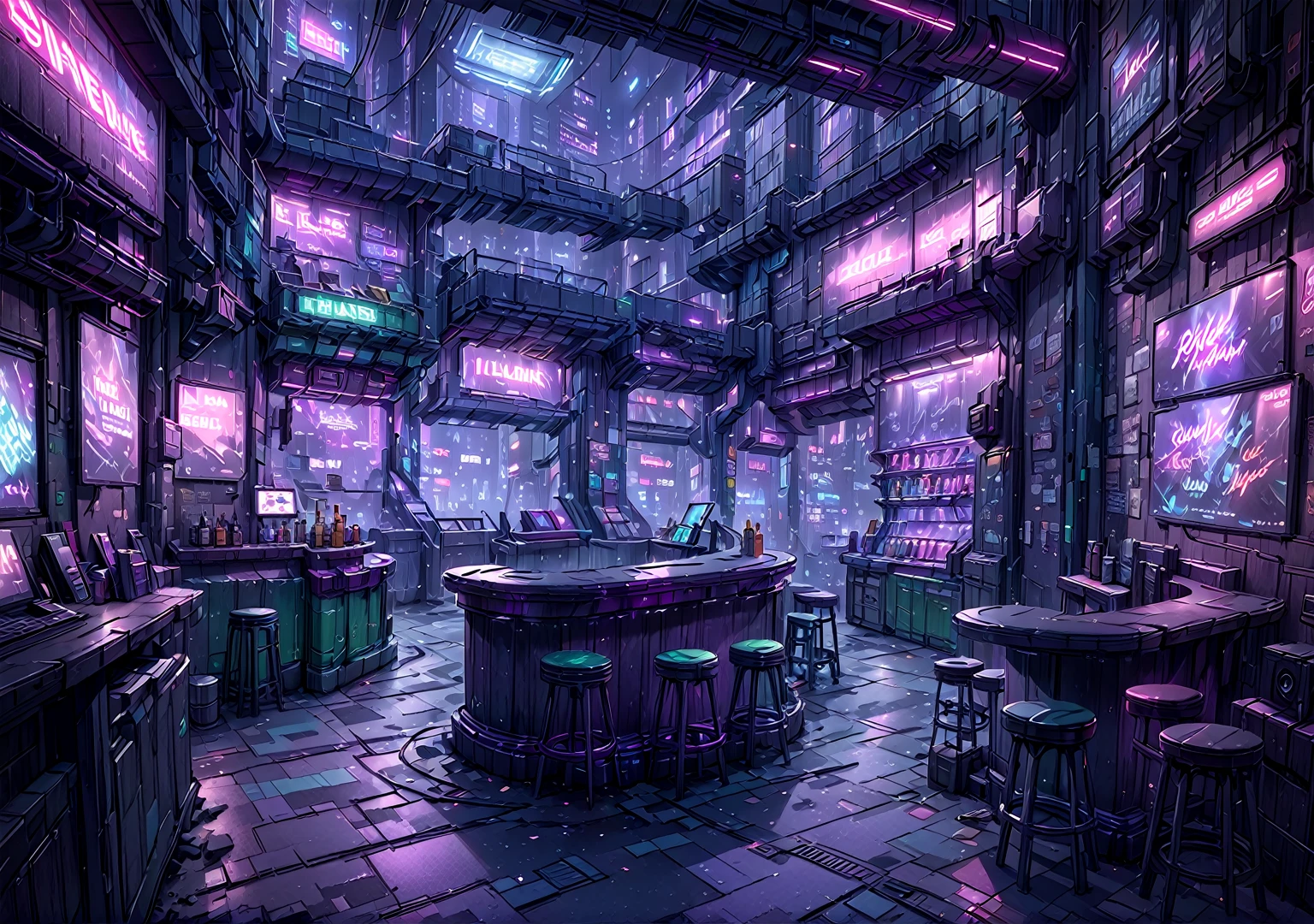 illustration, detailed illustration, ultra detailed, dive bar, cyberpunk, purple and green, dark interior, sci fi, night, (shadowy:1.3), empty