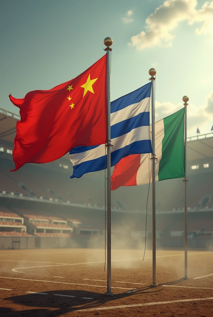 Makes flags waving, england, china , Greece and Italy , with an old football landscape behind