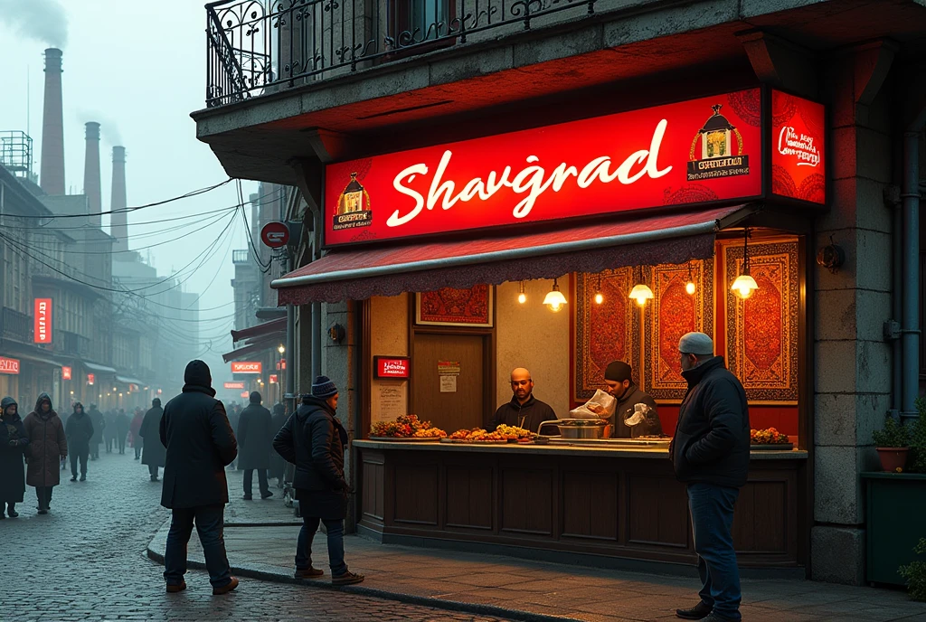 A small, cozy fast-food restaurant with a red sign written in Tajik font, text sign says "Шавград", located in an industrial Latvian city. The restaurant's interior is filled with the aroma of spices and fresh meat. The walls are adorned with vibrant, patterned carpets, creating a warm and welcoming atmosphere. Behind the counter, two men with dark complexions, likely of Tajik or Pakistani origin, are serving food. The exterior shows a busy, industrial cityscape typical of Latvia, with narrow streets, factory chimneys emitting smoke, and a mix of old and modern buildings. A slight fog hangs over the area, adding to the working-class vibe of the neighborhood.