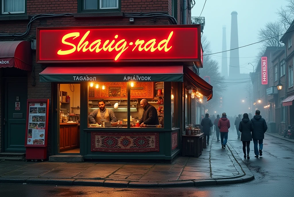 A small, cozy fast-food restaurant with a red sign written in Tajik font, text sign says "Шавград", located in an industrial Latvian city. The restaurant's interior is filled with the aroma of spices and fresh meat. The walls are adorned with vibrant, patterned carpets, creating a warm and welcoming atmosphere. Behind the counter, two men with dark complexions, likely of Tajik or Pakistani origin, are serving food. The exterior shows a busy, industrial cityscape typical of Latvia, with narrow streets, factory chimneys emitting smoke, and a mix of old and modern buildings. A slight fog hangs over the area, adding to the working-class vibe of the neighborhood.