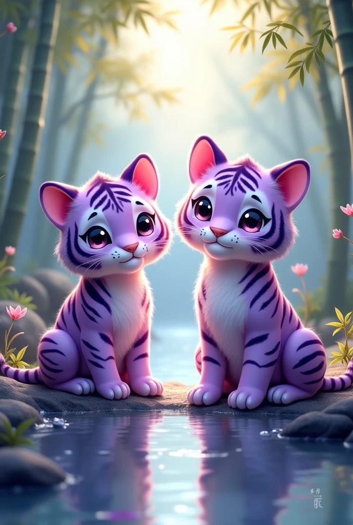 Two purple tigers sitting on either side of the river,Chinese style,cute style,Realistic and cute,Looking at the camera