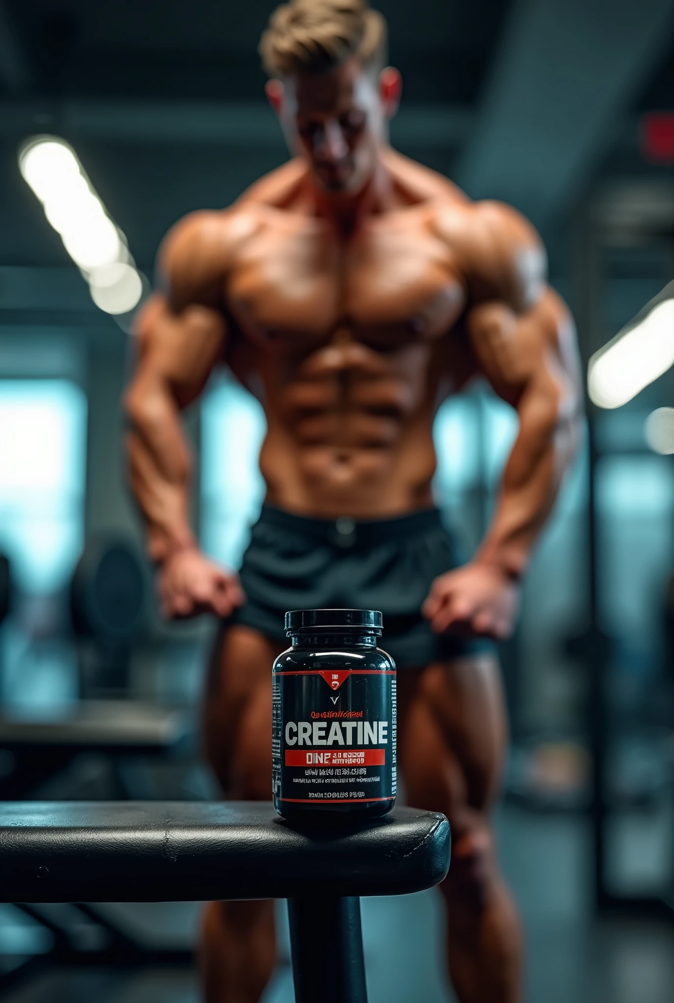 small jar of creatine on top of a bodybuilding equipment with a strong man behind with blurred image