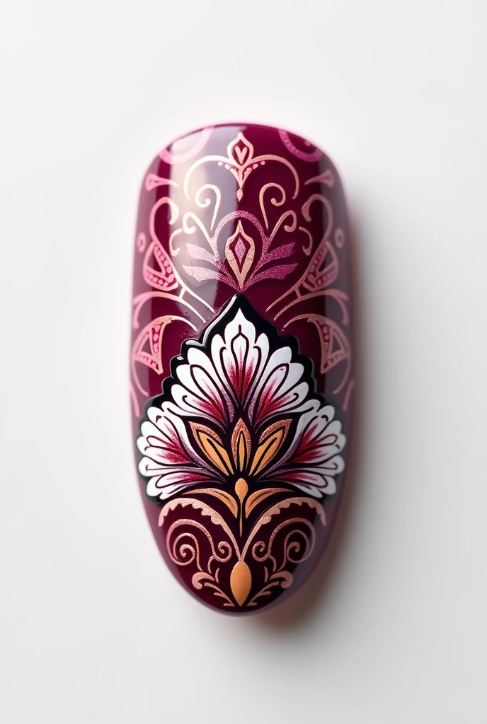 a beautiful almond-shaped nail with a talavera style design in rich wine colors, white background, intricate patterns, detailed textures, high quality, photorealistic