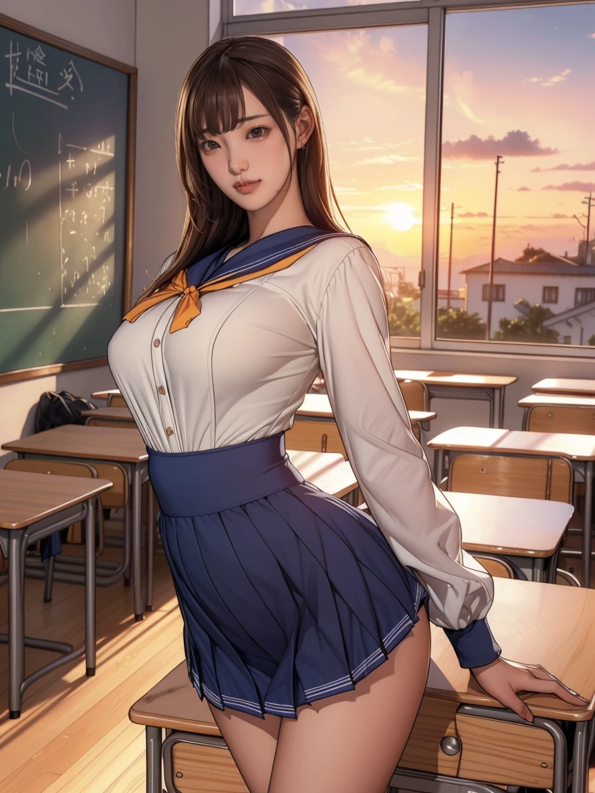(8k,Realistic, Tabletop, Highest quality, RAW Photos:1.3)、One Girl, 1,alone,high school girl, Long Hair, Brown Hair, Beautiful face in every detail, Attractive face, (Beautiful brown eyes in every detail:1.2), Medium chest,(Underbust:1.3),(Covered nipples:1.1),(Loose Sailor Uniform :1.35), ( Slim beauty with perfect body: 1.4),( Seductive Pose:1.3), (View your viewers, Front view,Eyes focus:1.2), Detailed Background, (sunset:1.2), classroom,Fine details, Intricate details, Ray Tracing, Depth of written boundary, Captivating smile, classroom, big breast, wide hips, bubble butt, shy-smile,