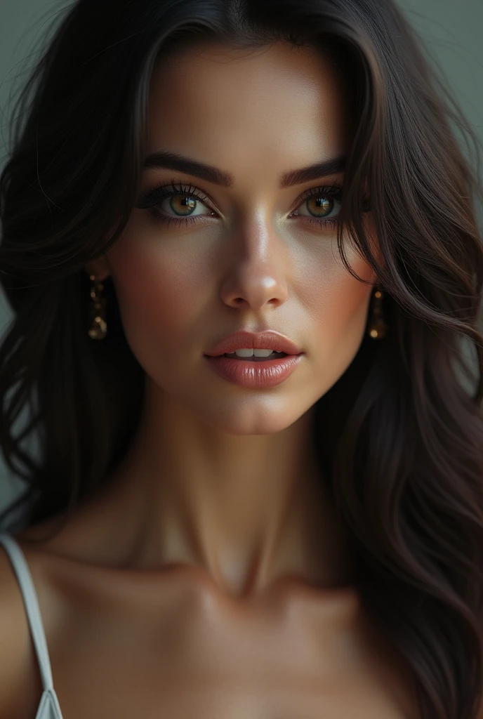 a beautiful woman, hyperrealistic, her mouth like a storm,seductive, sensual, detailed eyes, full lips, dramatic makeup, long eyelashes, flowing hair, elegant pose, dramatic lighting, muted color palette, cinematic atmosphere, photorealistic, 8k, high resolution, masterpiece, (best quality:1.2), (realistic:1.37), ultra-detailed, professional, vivid colors