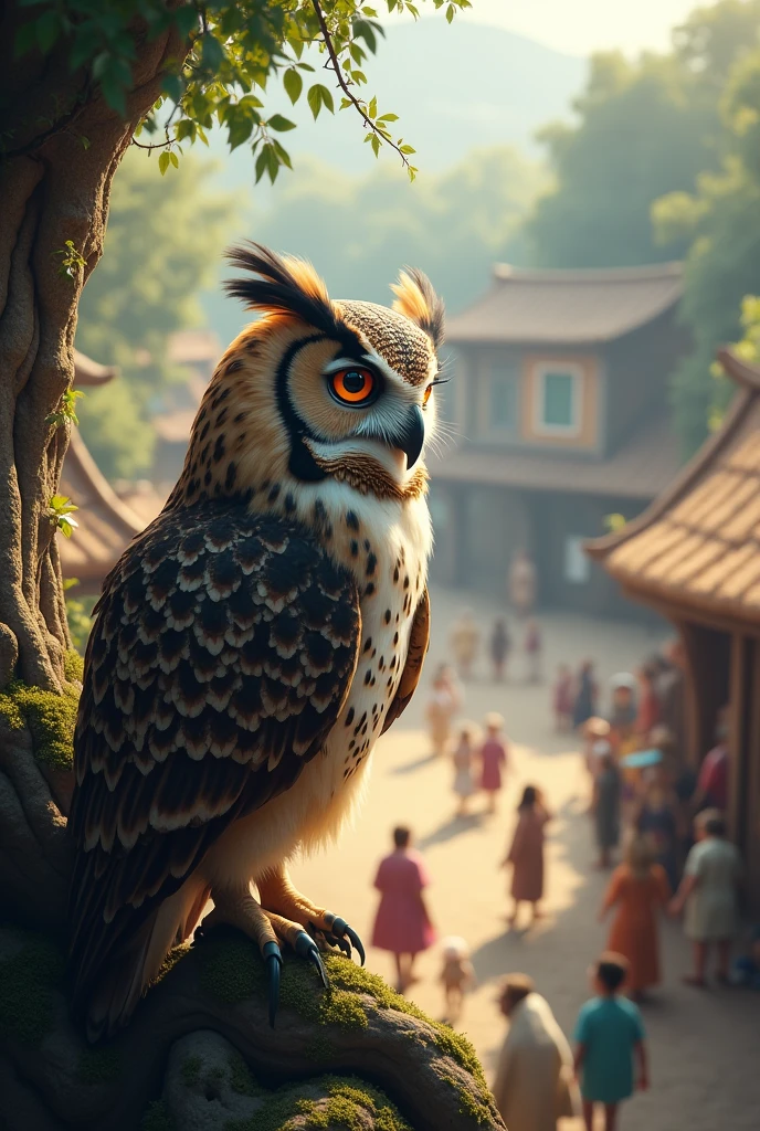 The Owl Observing: The owl with a thoughtful expression, peering down at a lively scene below, perhaps where animals are interacting or people are sharing stories.