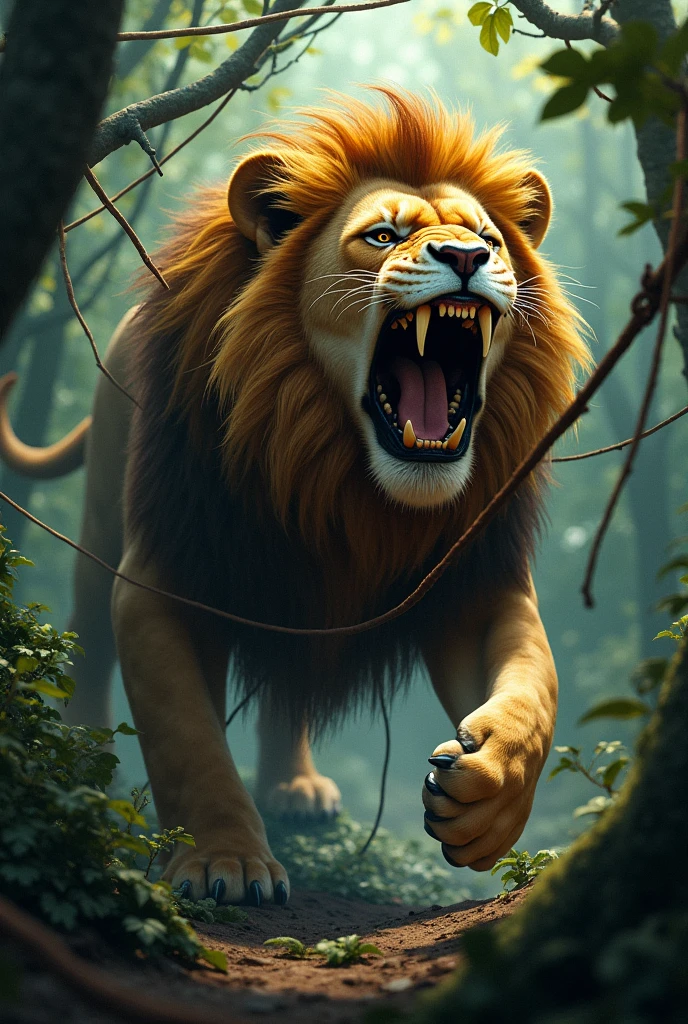 The Lion Caught in the Net:
Description: The lion struggling in a hunter’s net, its powerful limbs caught and tangled. The expression on the lion’s face is one of frustration and distress, surrounded by the dense forest backdrop.