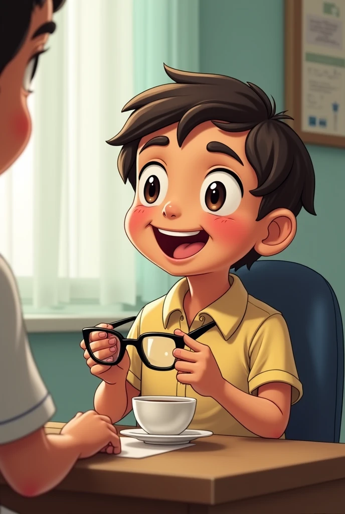 Pappu innocently reveals his habit:
"Pappu, smiling innocently, holding his glasses in his hands, demonstrating how he takes them off while drinking tea. The doctor looks at him, half-smiling and half-confused, realizing the simplicity of the situation. The scene captures Pappu’s naive and funny expression."