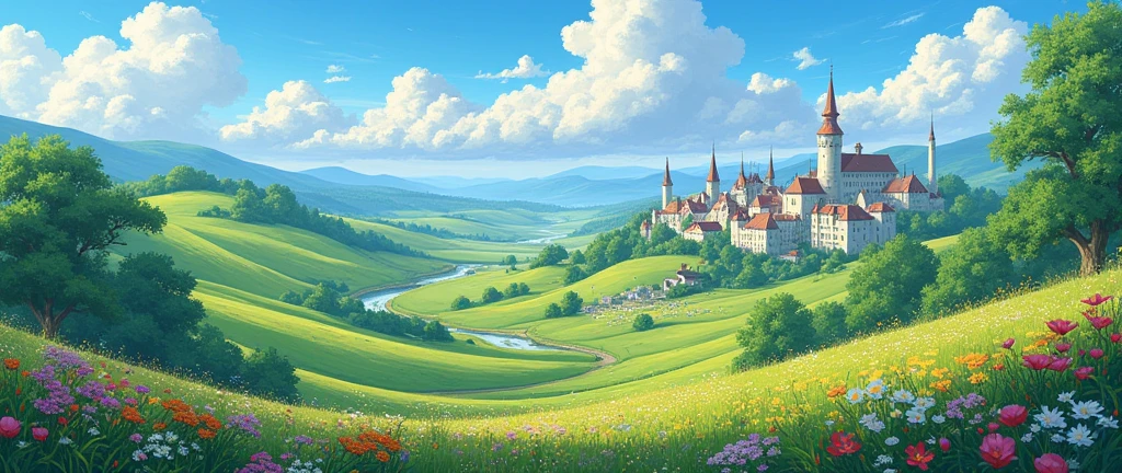 Highly detailed anime style stills, studio ghibli style,4k,landscape a beautiful rural landscape with vibrant flowers, lush meadows, Rolling Hills, winding currents, picturesque town, impressive cloudy sky, natural lighting, cinematographic composition, impressionist style, Vivid colors with a futuristic medieval city 
