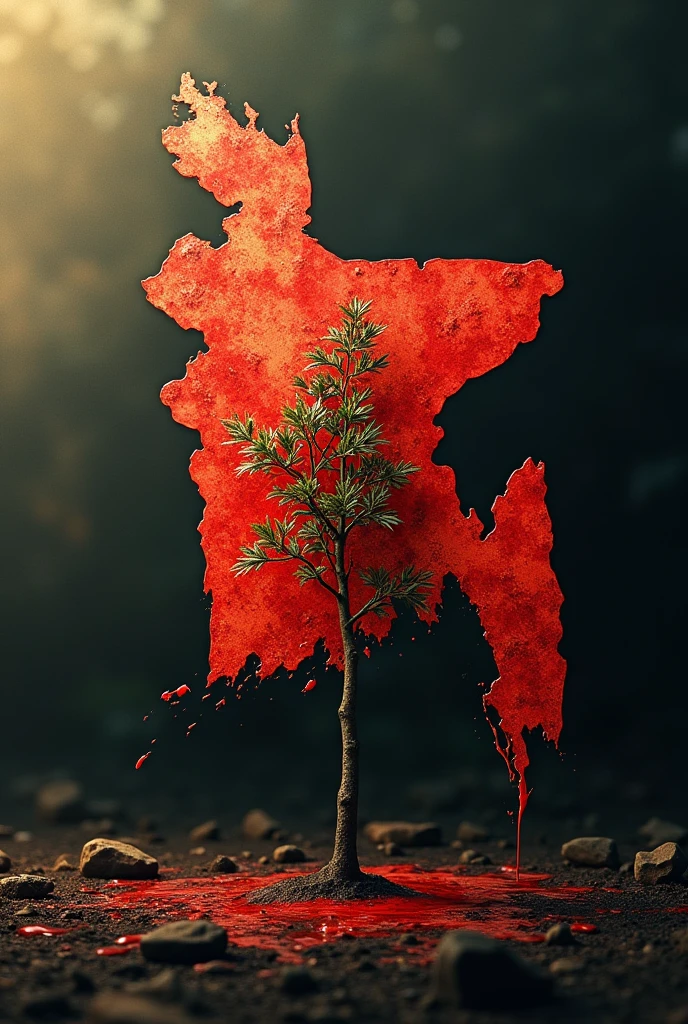 From the left side, the bloody map of Bangladesh is covered with blood on a tree sapling, and on the right, sunlight is falling on the sapling.