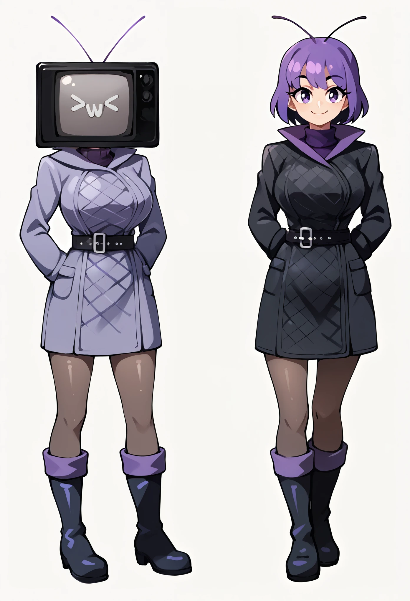 score_9, score_8_up, score_7_up, score_6_up, score_5_up, score_4_up, (source_anime), 1girl, smile, full body, looking at viewer, short purple hair styled casually, , purple turtleneck sweater underneath, fitted black diamond pattern padded jacket, belt with square metal buckle at the waist, fitted black pants with two side pockets, black high boots with purple details, dynamic pose, wearing black gloves, casual, score_9,  solo, tvwoman, black coat over purple turtle neck, black pantyhose, spread arms, High resolution, Short hair, Accurate, Anatomically correct, Best quality, Quality, Big breasts, From the side, Tv Woman, character sheet, [GP] Bongfill Style [Pony XL], score_9, score_8_up, score_7_up, score_6_up, score_5_up, score_4_up, (source_anime), 1girl, smile, full body, dynamic pose, sunset, looking at viewer, A score_9, score_8_up, score_7_up, score_6_up, score_5_up, score_4_up, (source_anime), (1girl), (masterpiece, best_quality, ultra_detailed, super_high_resolution), anime_style, A detailed full-body illustration of a female character with a retro TV for a head. The TV screen displays a >Ww<, grey skin, colored skin, tv antennas, black office uniform , detailed full-body illustration of a female character with a retro TV for a head. The TV screen displays a 'W' symbol with inward-pointing arrows on each side. The female character is wearing a black, quilted jacket that reaches down to the upper thighs, featuring a diamond pattern and a wide belt with a metallic buckle cinching the waist. Underneath the jacket, there's a purple turtleneck sweater. The character also wears black fitted pants and tall black boots with purple accents. Black gloves cover her hands, adding to the tactical and functional appearance. The background is plain and neutral to keep the focus on the character's outfit, conceptart,multiple views,white background,simple background, different perspective of the character,