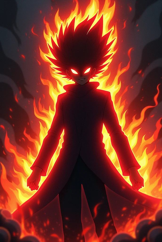 Anime.. An abstract, dark silhouette of a character with two bright, glowing eyes. The character is surrounded by intense, neon flames or energy that gives a sense of power and movement. The silhouette's hair is wild and spiky, as if made of fire. The background is filled with swirling, vibrant energy, creating a supernatural and otherworldly atmosphere. The overall look is mysterious, with a strong neon and black color contrast, emphasizing the glowing eyes and energy.