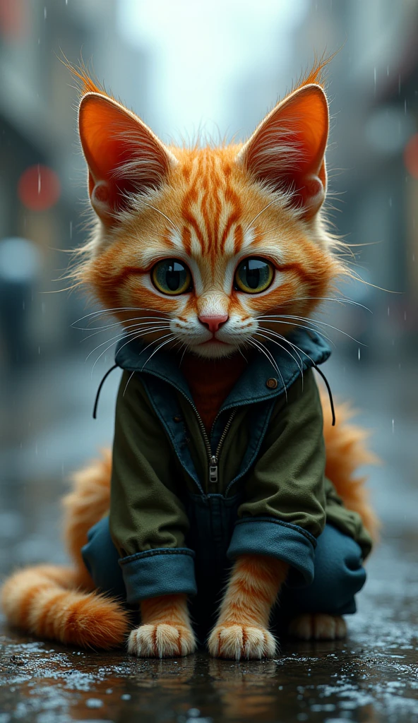 An ugly cat sitting on the road crying and it's raining and there is different colour flowing around him Modern human attire 3d renderings 