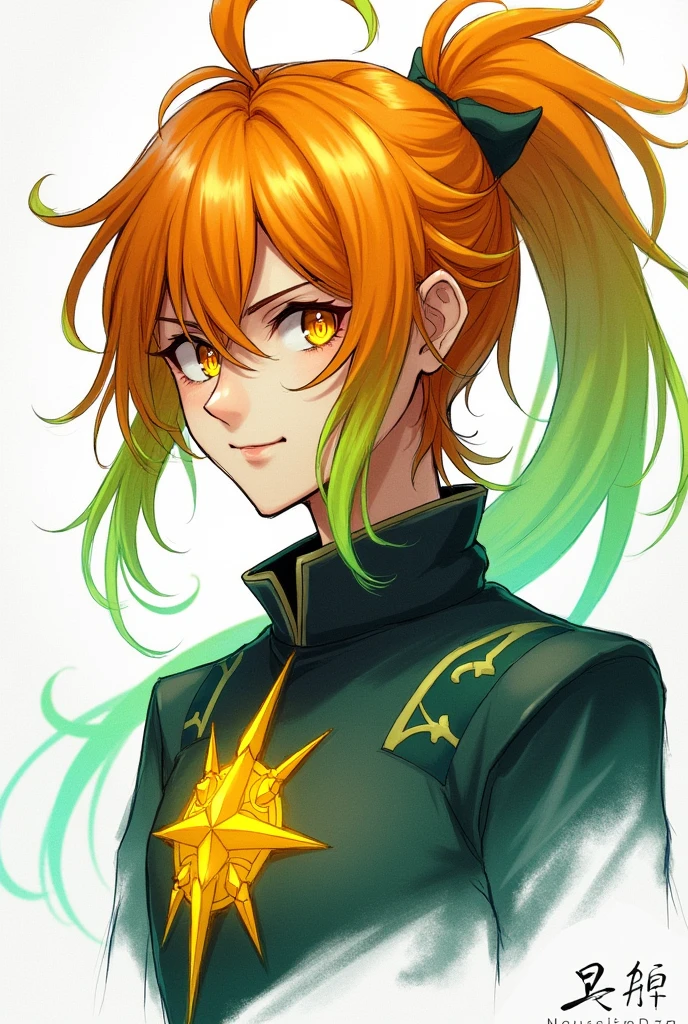 give me the drawing sketch of ryokku isshiki with is a monstrad character only from the face to the shoulders with the vision of anemo on the chest is a human knight with medium orange and yellow hair having a ponytail and with green color at the tips of his hair