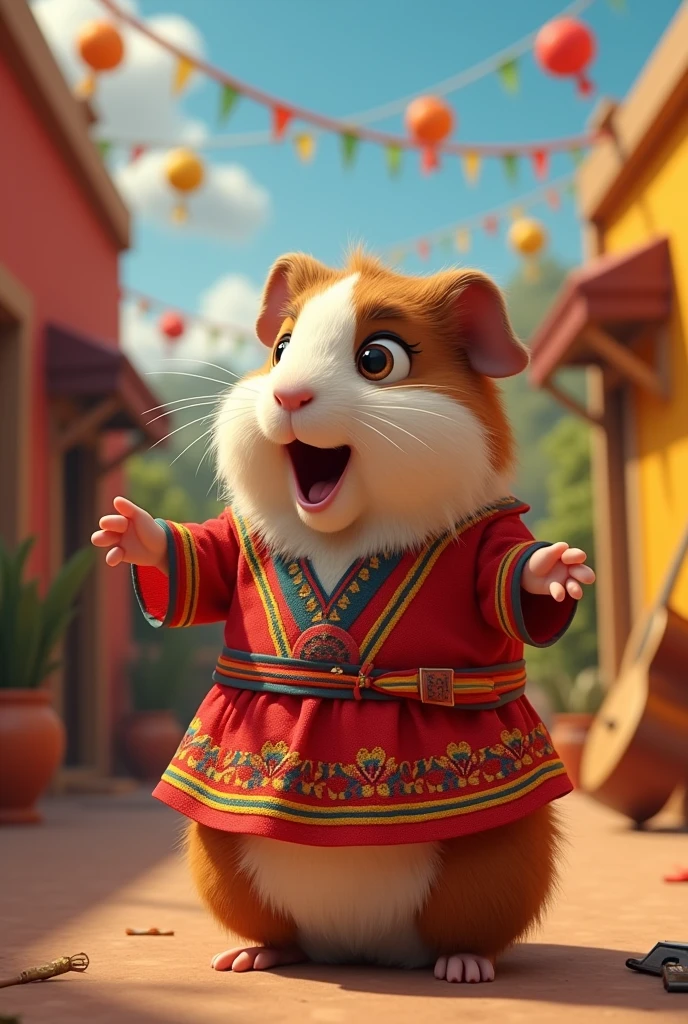 Peruvian guinea pig in animation singing with Peruvian flag clothing
