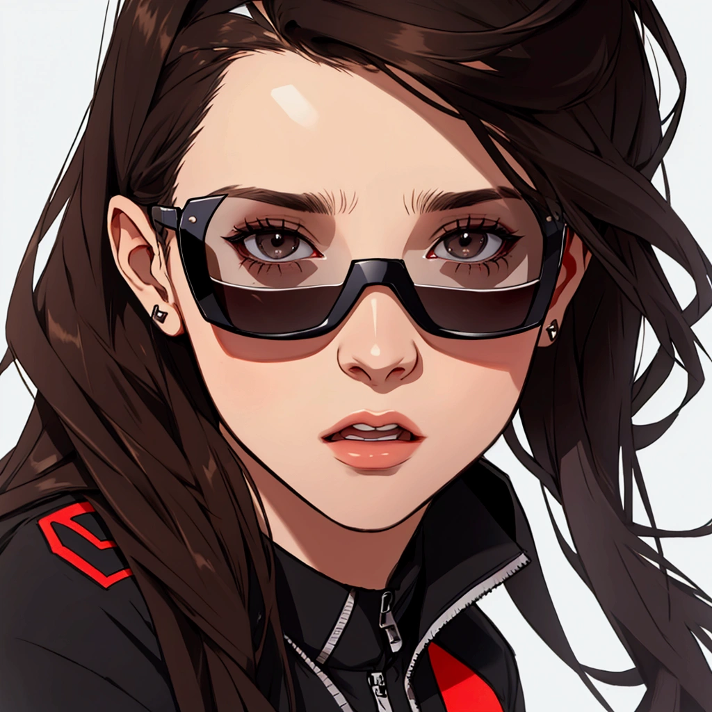 Young woman with dark brown hair, surprised and wearing black sunglasses