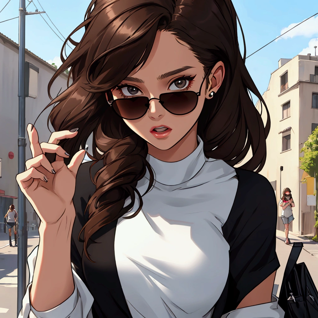 Young woman with dark brown hair, surprised and wearing black sunglasses