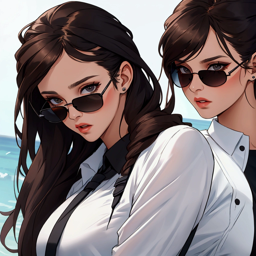 Young woman with dark brown hair, surprised and wearing black sunglasses