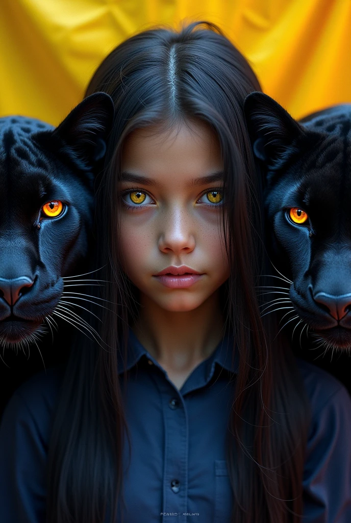 A girl with long straight black hair and thousand-colored eyes with black panthers on each side of the girl and the background of the image that is the flag of the country Colombia