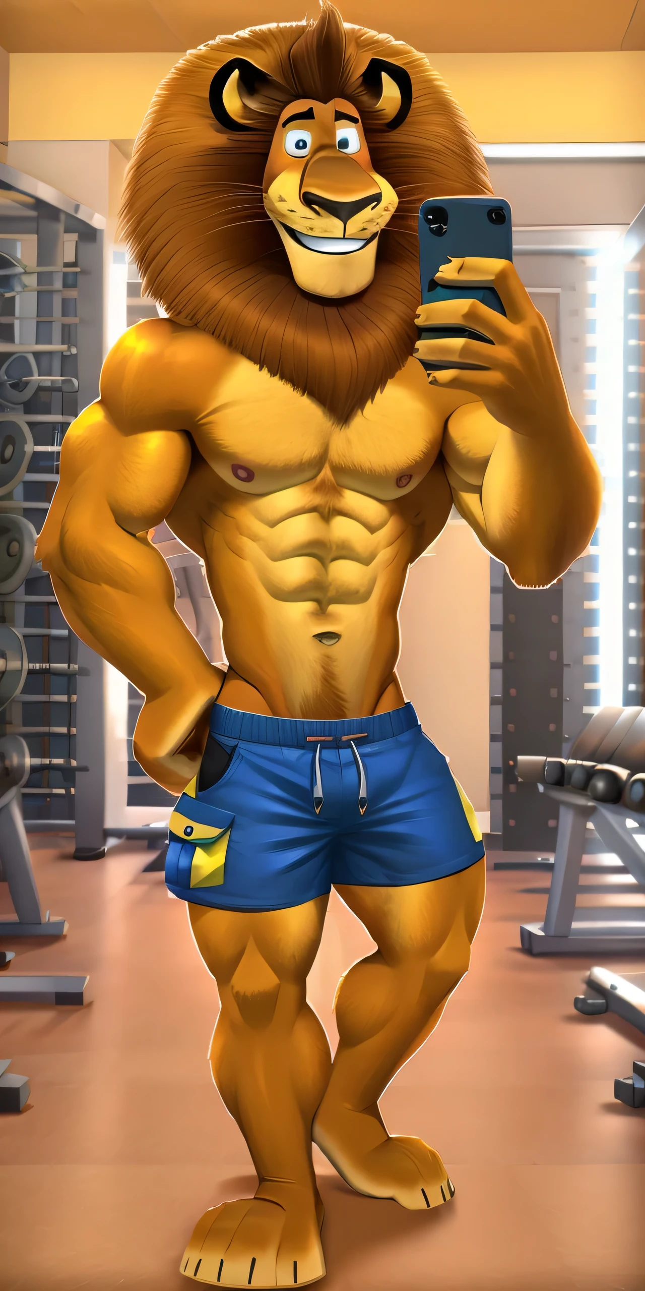 Alex the Lion, muscular body, big biceps, six pack abs, extremely beautiful and cute face, shirtless, cargo shorts, bare feet, showing his biceps, selfie, gym background, gentle look, cute smile