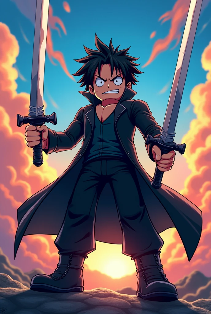 Roblox anime style one piece, with black clothes, two swords