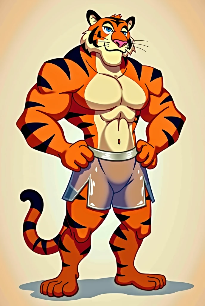 Disney style male tiger wearing transparent shiny high rise shorts with slits down hipsflat colored simple lines no gradient