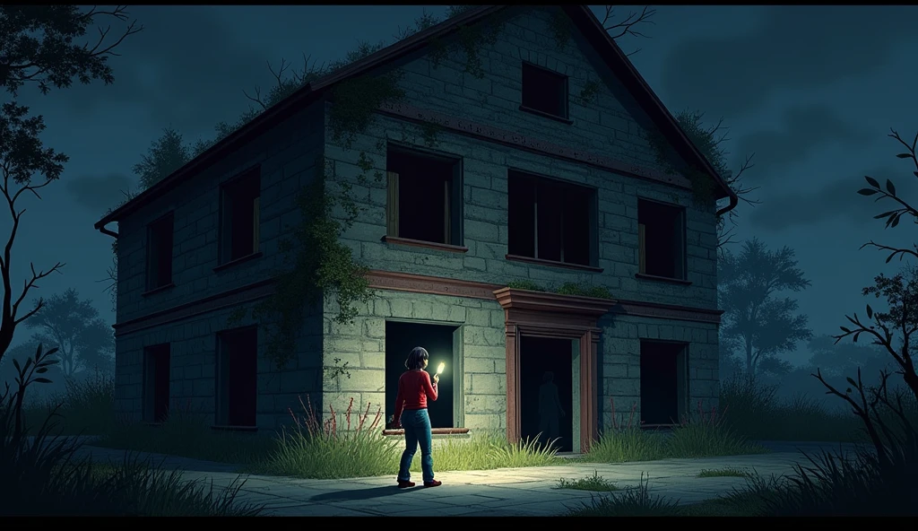 Act 2: The Forgotten Building Scene 4: The Abandoned Building - Night (Maya arrives at the location marked on the map. The building is old, with vines creeping up its walls and broken windows that seem to watch her every move. She hesitates but gathers her courage and steps inside.) maya seed is 1921569215. wearing red long shirt wearing blue jean and holding flashlight. building design used this seed 1570909171