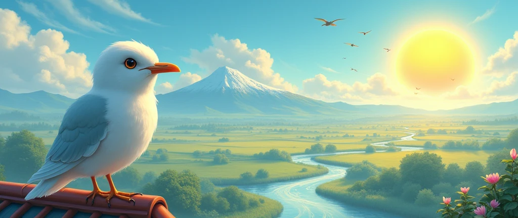 white bird with detailed face very nice, on roof, looking at a beautiful midday landscape, with a plain, a stream, blue sky with some clouds and a yellow sunset sun, birds in the sky and a small mountain in the distance, that the whole set makes a beautiful landscape, High resolution, high quality in the details, 4k, 8k, Rendering