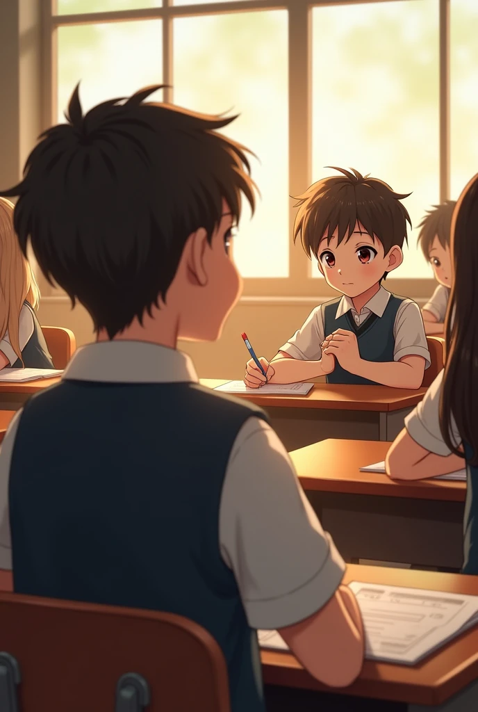 Boy looking in girls eyes from back bench in school