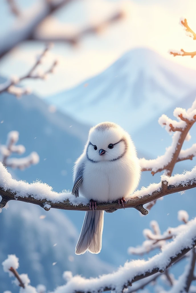 Snowy mountain, Japanese long-tailed tit, fluffy white bird, snowy day, Japanese long-tailed tit perched on a tree branch, beautiful sunlight filtering through the trees, grooming itself