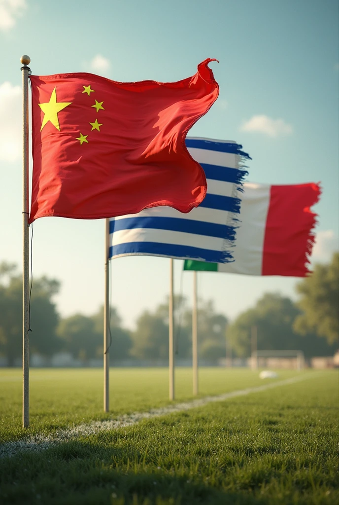 Makes flags waving, england , china , Greece and Italy , with an old football landscape behind 
