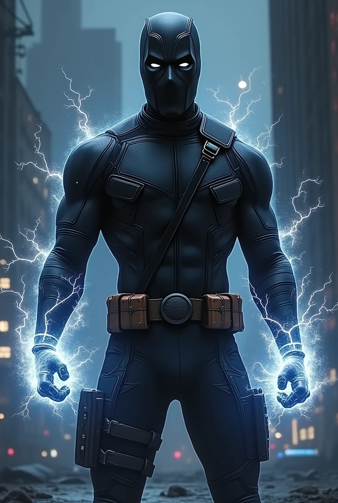 Now make a Deadpool in an all-black suit with electricity powers
